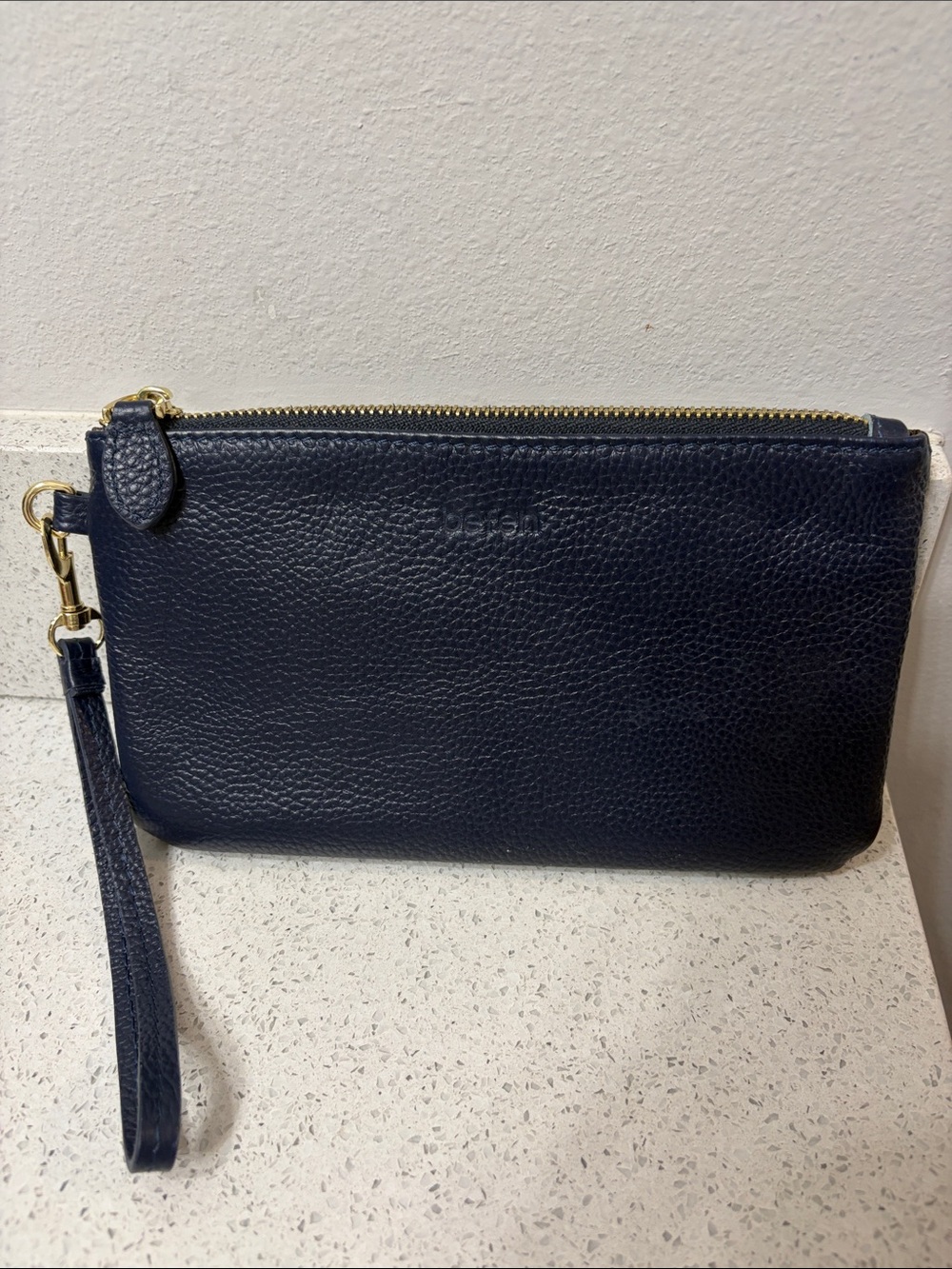 Navy Leather Wristlet Clutch - Classic Pebbled Design